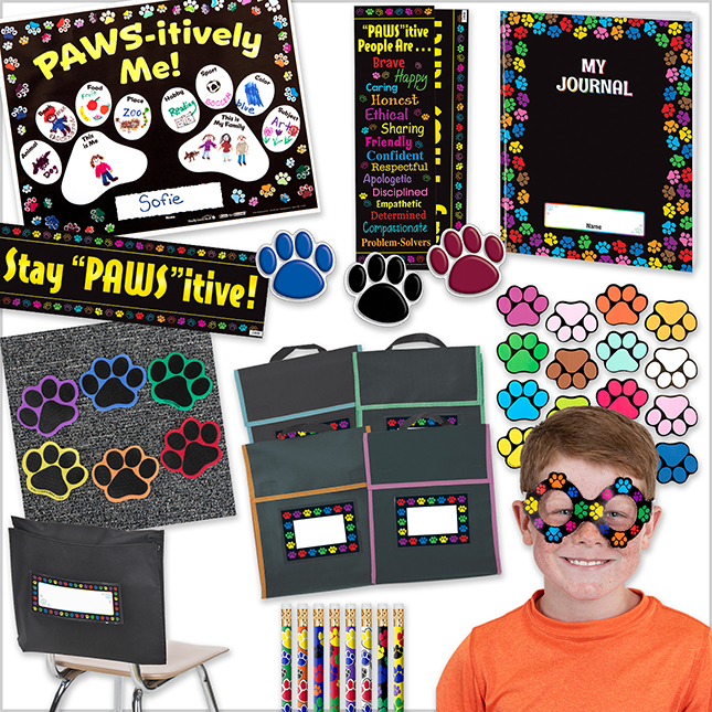 Paw Prints Book Pouches And Labels - Black With Neon Trim ...